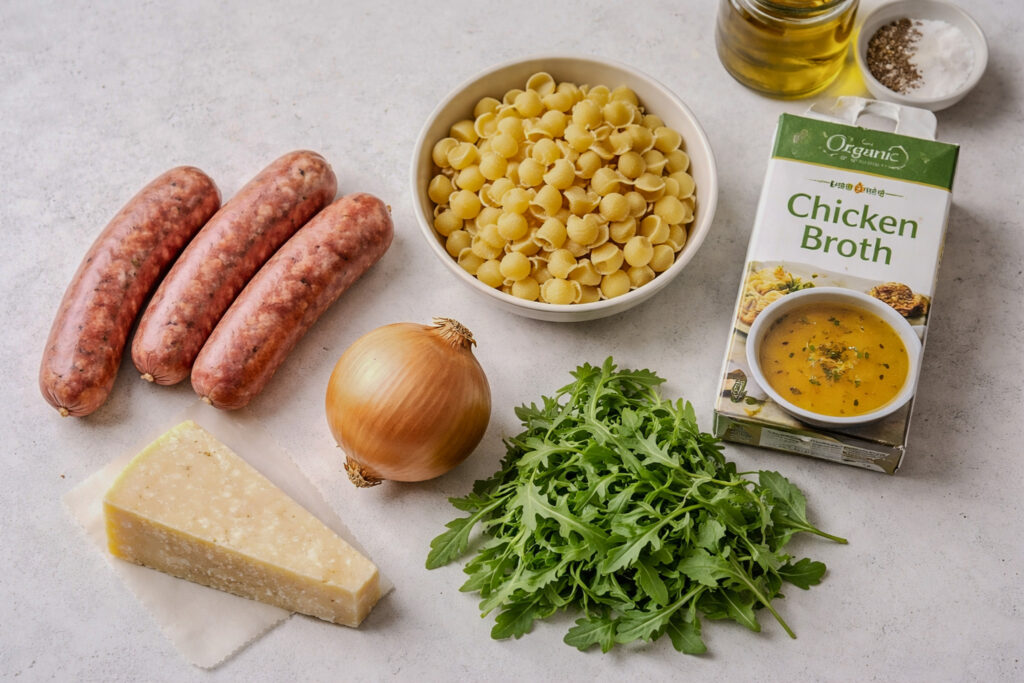 Whole ingredients for one-pan orecchiette pasta including Italian sausage, dry pasta, chicken broth, onion, arugula, and parmigiano