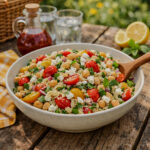 Lemon herb orzo salad with chickpeas, tomatoes, fresh basil, mint, and feta served in a bowl on a picnic table.