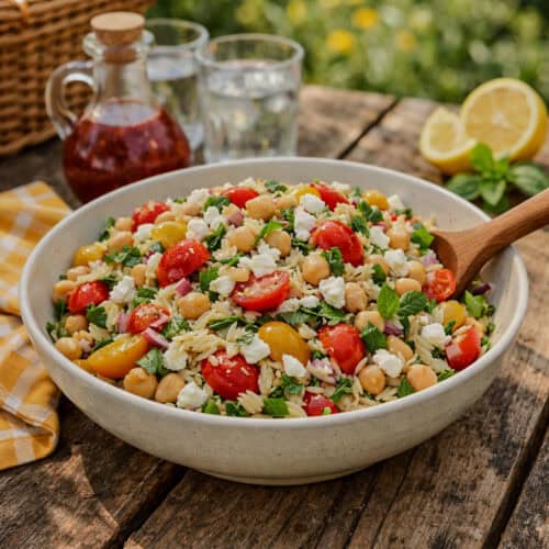 Lemon herb orzo salad with chickpeas, tomatoes, fresh basil, mint, and feta served in a bowl on a picnic table.