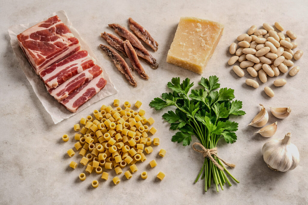Raw soup ingredients on a kitchen counter including pancetta, anchovies, cannellini beans, ditalini pasta, parmesan rind, and fresh parsley.