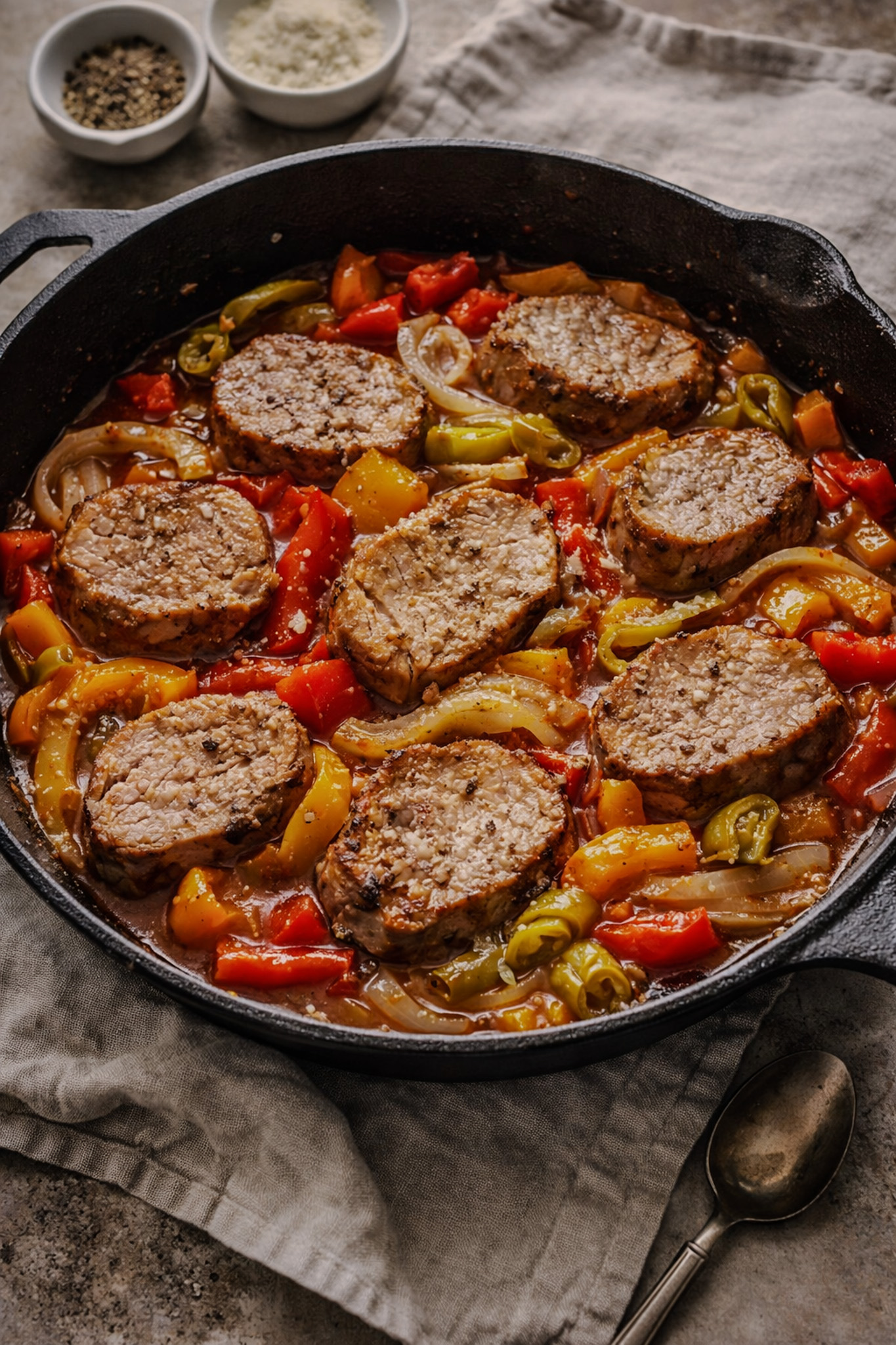 Seared pork tenderloin slices with sweet bell peppers and pepperoncini in a skillet