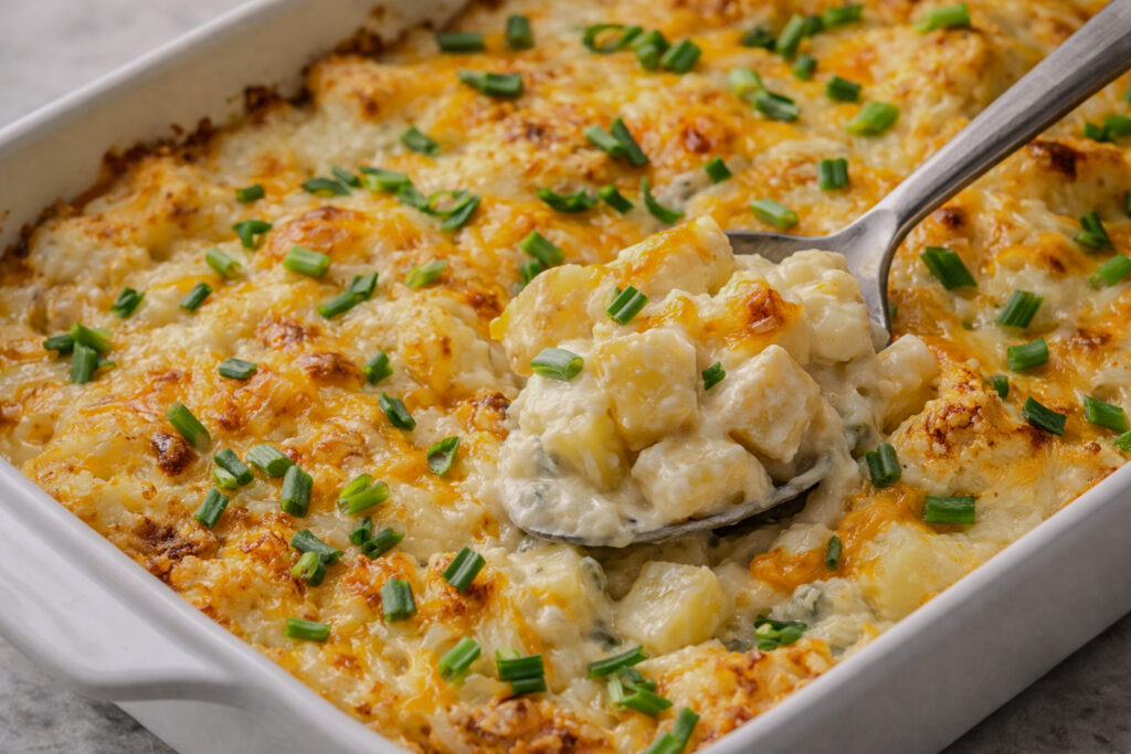 Potatoes Romanoff baked potato casserole with sour cream and cheddar cheese