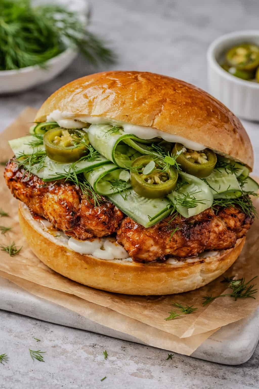 Peri Peri Chicken Sandwich with Dill Cucumber Slaw