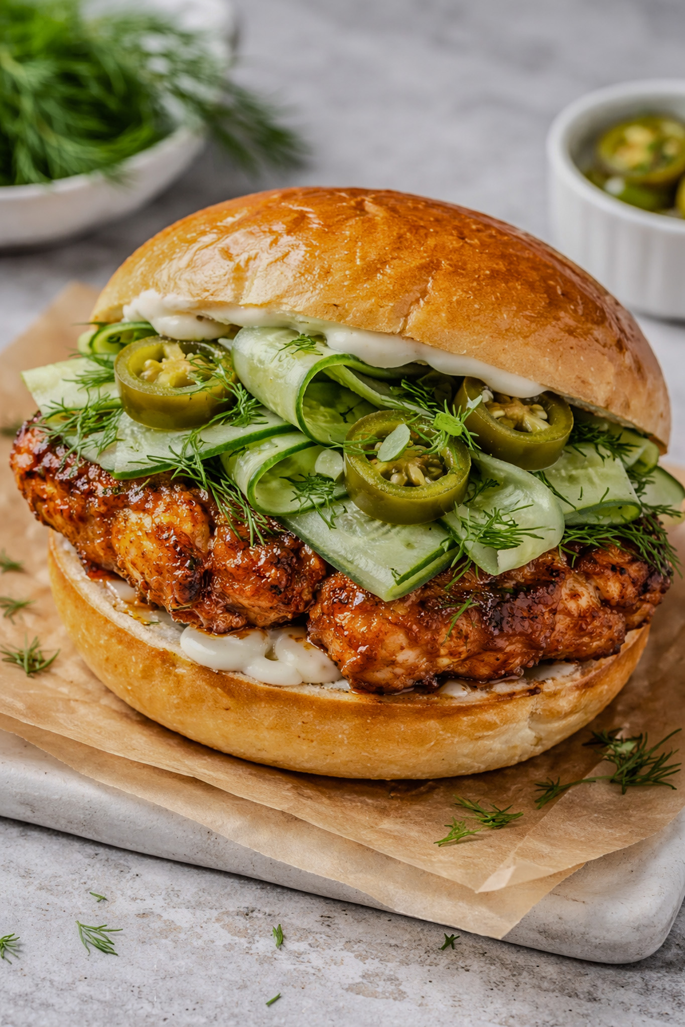 Crispy peri peri chicken sandwich topped with cucumber ribbons, fresh dill, and jalapeños on a toasted bun