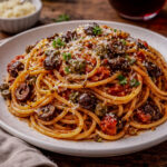 Bowl of spaghetti pasta puttanesca with olives, capers, and Parmesan cheese
