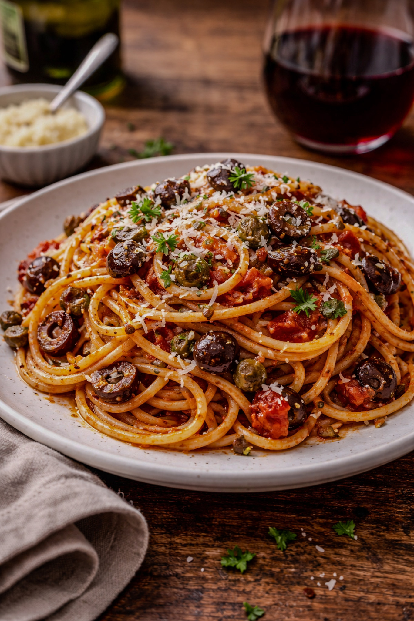 Bowl of spaghetti pasta puttanesca with olives, capers, and Parmesan cheese