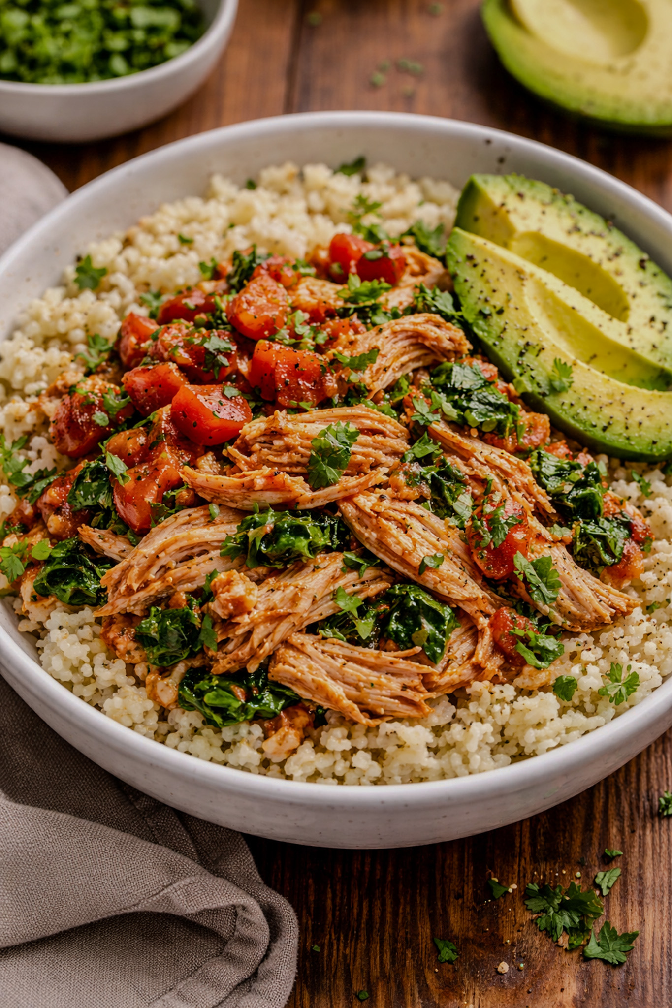 Instant Pot salsa chicken served over cauliflower rice with avocado slices in a healthy bowl