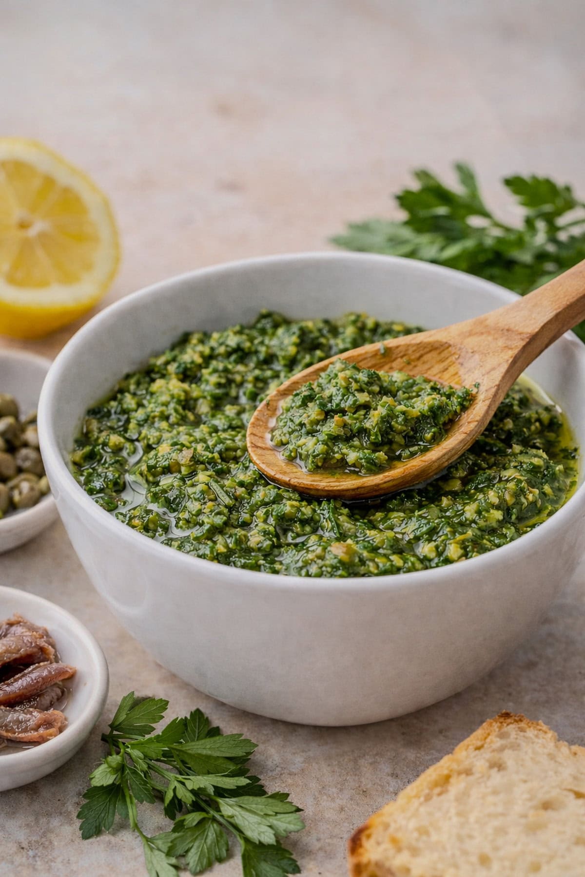 Italian salsa verde made with parsley, capers, anchovies, and olive oil in a bowl with spoon.