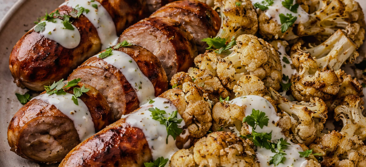 Sheet Pan Sausage & Cauliflower with Lemon Garlic Yogurt Sauce