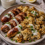 Sheet pan sausage and cauliflower served with lemon garlic yogurt sauce on a plate with sauce jar