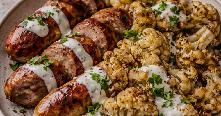 Sheet Pan Sausage & Cauliflower with Lemon Garlic Yogurt Sauce