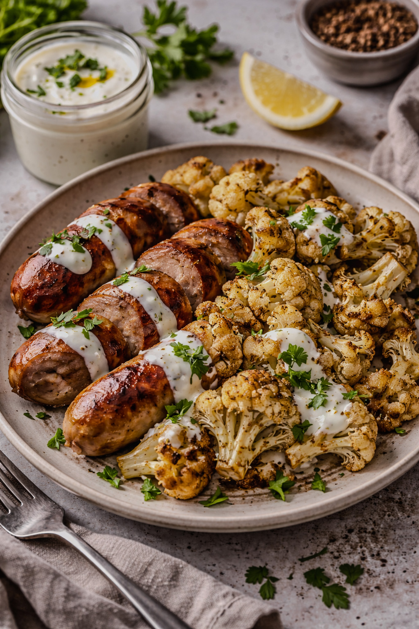 Sheet pan sausage and cauliflower served with lemon garlic yogurt sauce on a plate with sauce jar
