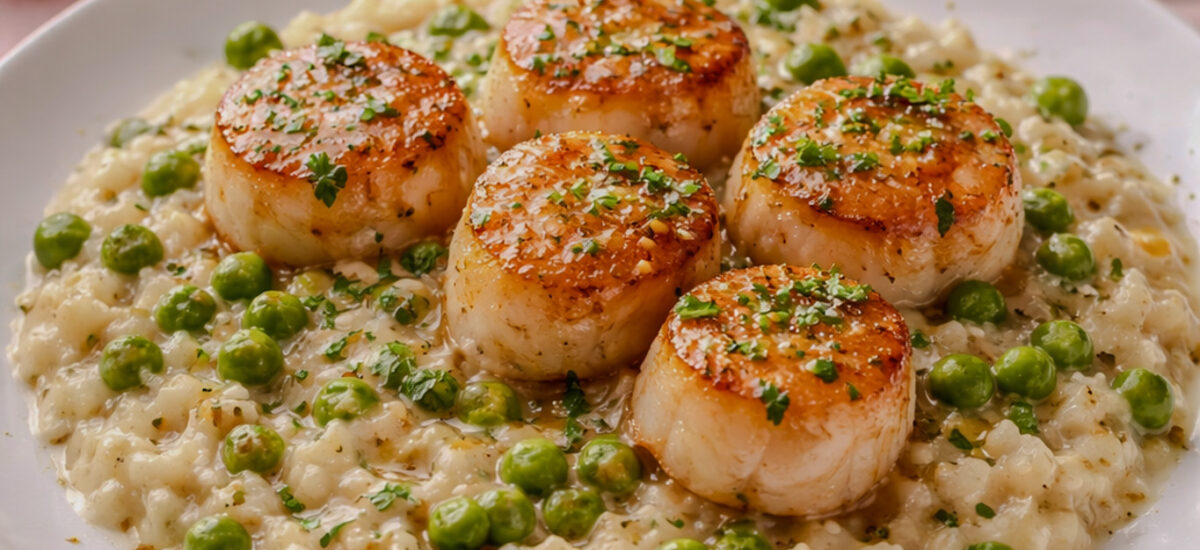 Seared Scallops with Garlic Butter over Creamy Pea Risotto
