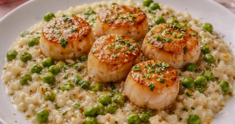 Seared Scallops with Garlic Butter over Creamy Pea Risotto