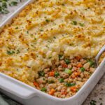 Shepherd’s pie with ground turkey, vegetables, and creamy mashed potatoes baked until golden