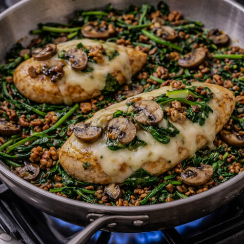 Garlic spinach and mushroom chicken skillet topped with sautéed mushrooms, wilted spinach, pecans, and melted provolone cheese