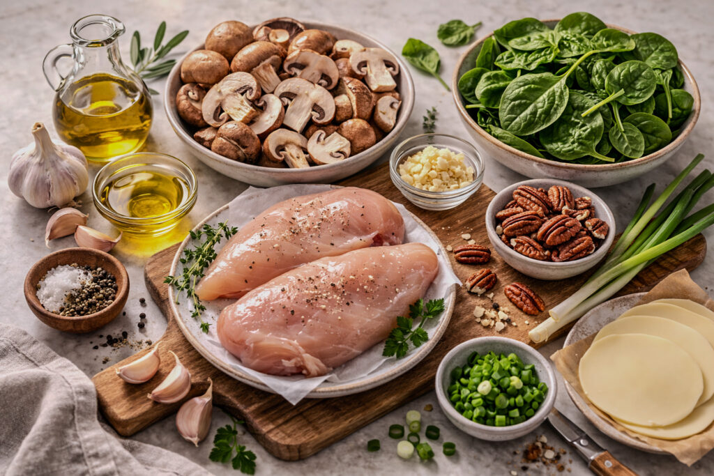 Raw ingredients for garlic spinach mushroom chicken skillet including chicken breasts, cremini mushrooms, baby spinach, olive oil, pecans, provolone cheese, garlic, and green onions arranged on a kitchen counter.