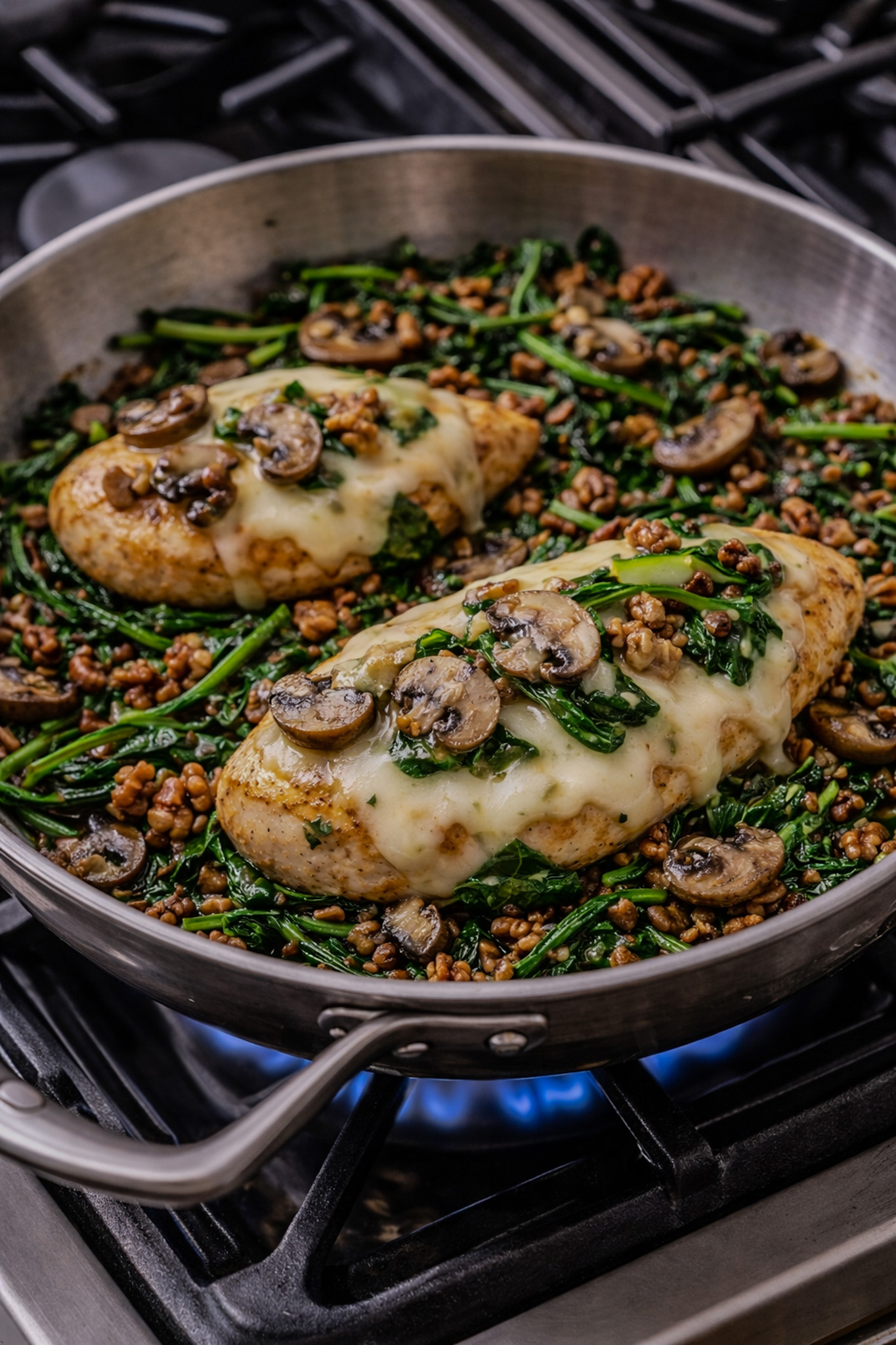 Garlic spinach and mushroom chicken skillet topped with sautéed mushrooms, wilted spinach, pecans, and melted provolone cheese
