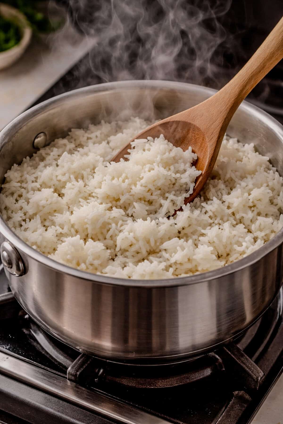 Steaming white rice cooking in a stainless steel pot on the stovetop