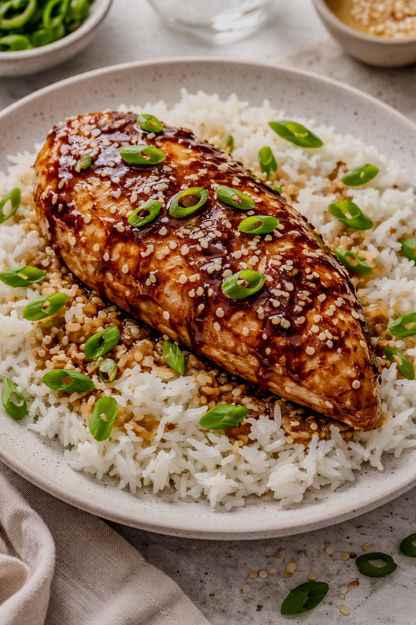Sticky soy ginger chicken glazed in a garlic sesame sauce cooked in a skillet