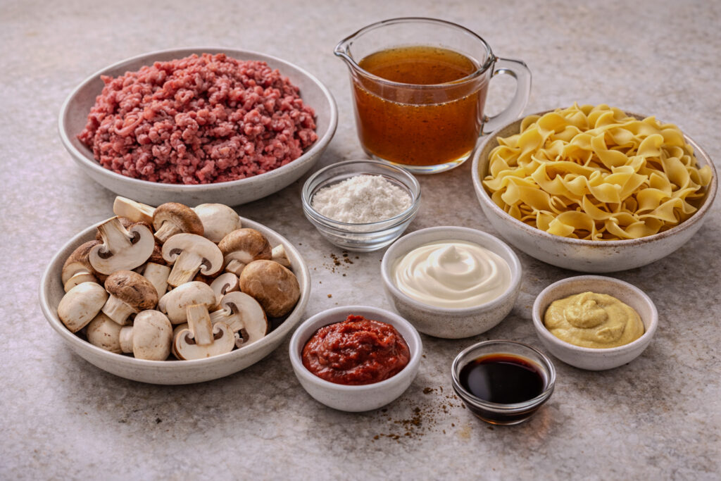 Raw ingredients for one-pot beef stroganoff including ground beef, mushrooms, egg noodles, sour cream, Dijon mustard, beef broth, tomato paste, cornstarch, and Worcestershire sauce arranged separately on a kitchen counter.