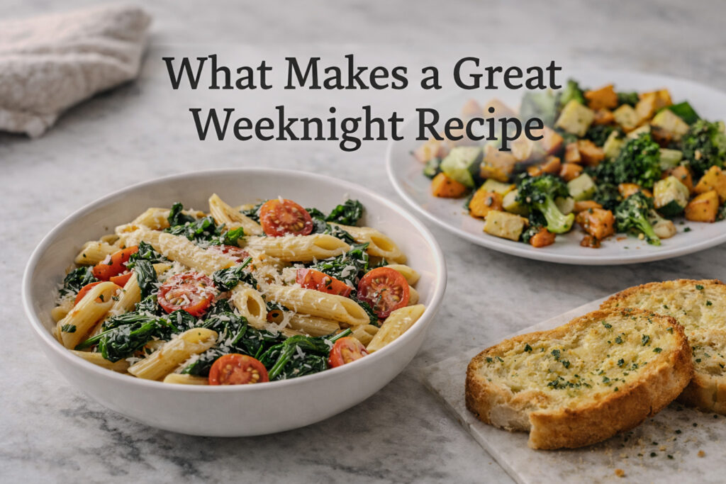 Weeknight dinner spread with pasta, roasted vegetables, and garlic bread illustrating what makes a great weeknight recipe