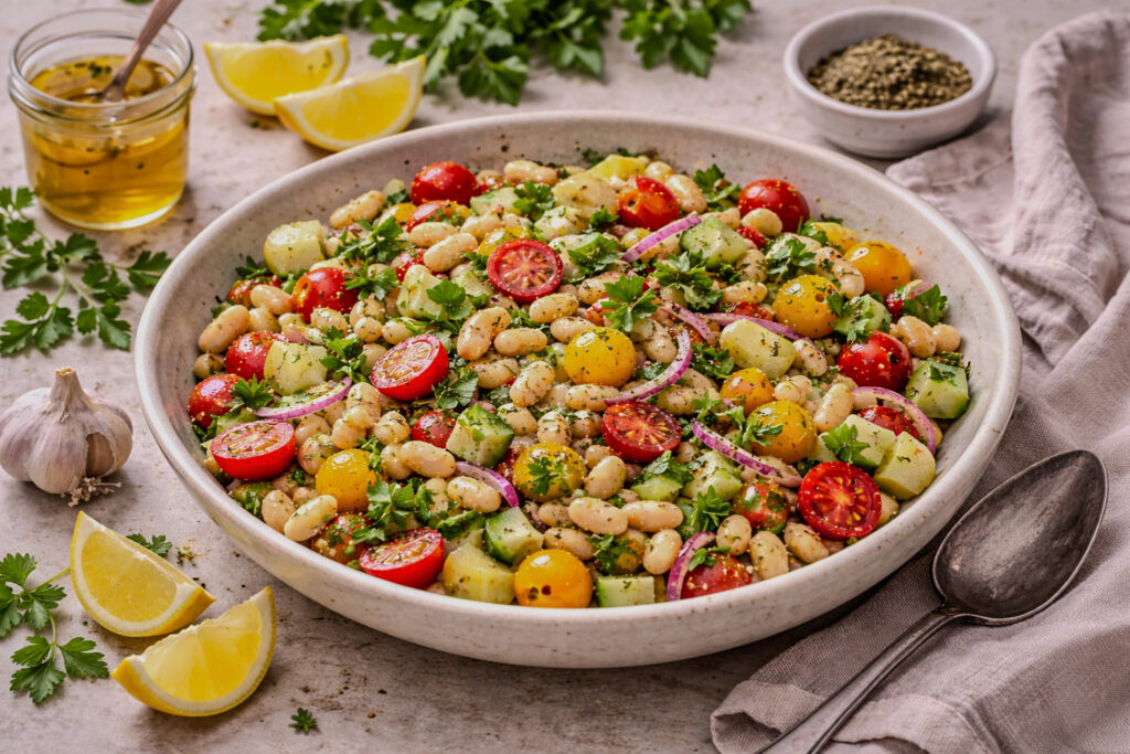Mediterranean white bean salad with cherry tomatoes, cucumber, red onion, parsley, and lemon dressing served in a ceramic bowl.