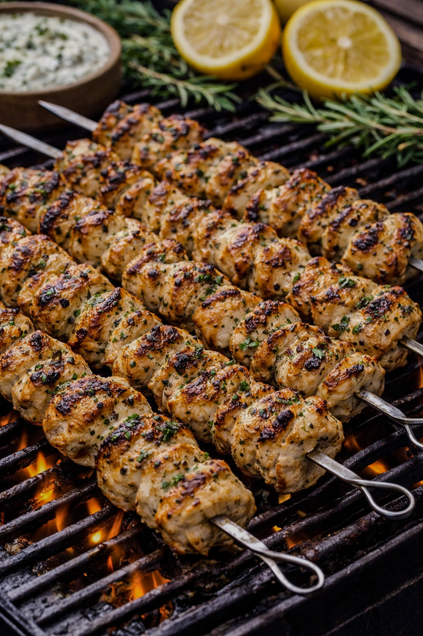 Grilled yogurt-marinated chicken skewers with char marks cooking over open flame with lemon and herbs.