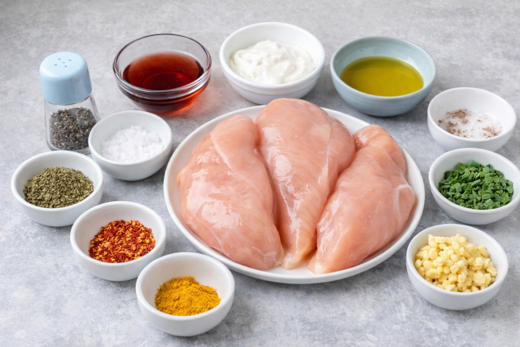 Boneless skinless chicken breasts with Greek yogurt, olive oil, red wine vinegar, garlic, and spices arranged on a countertop.