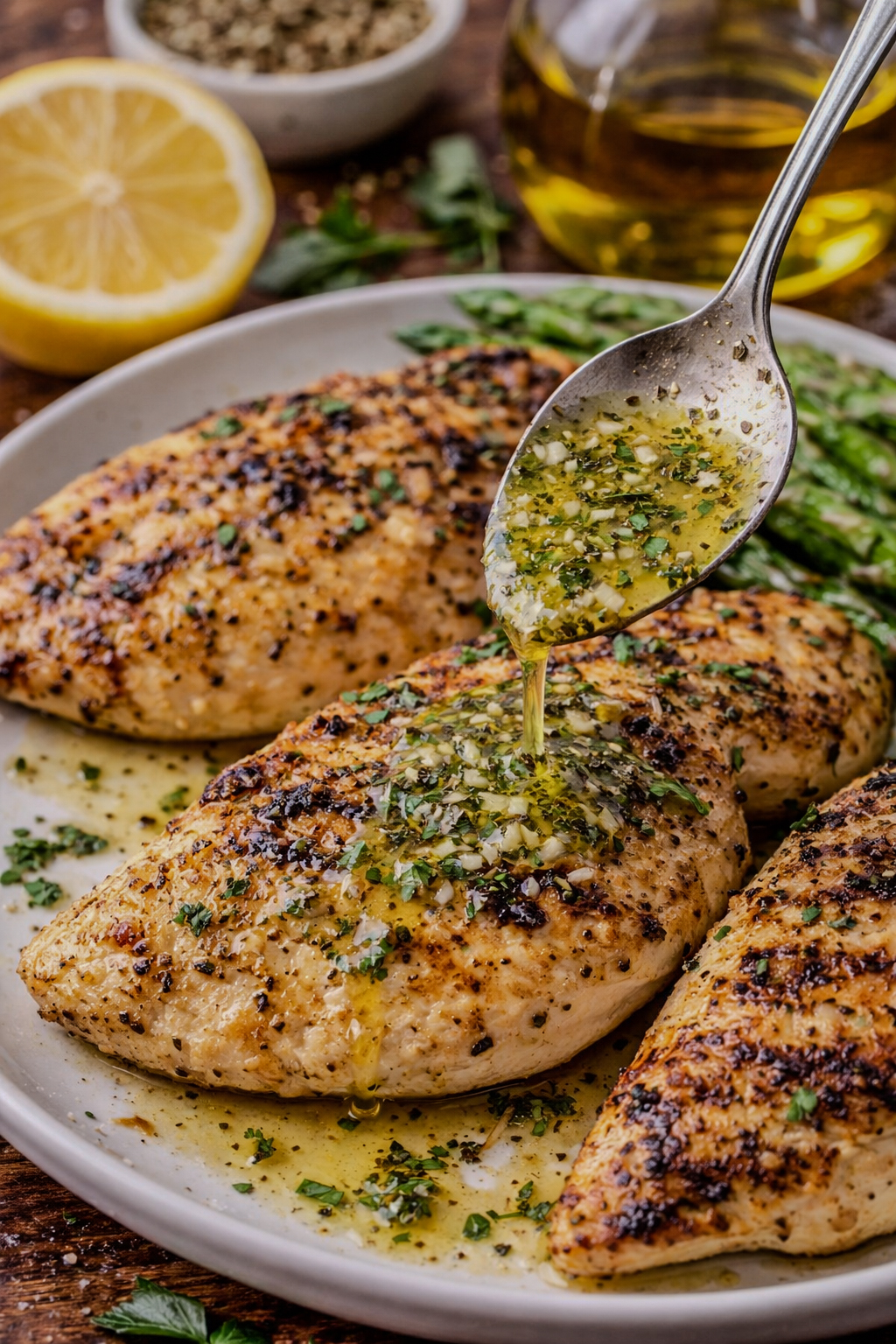 Ladolemono sauce being drizzled over grilled chicken breasts on a plate, with visible herbs, garlic, and lemon in a bright kitchen setting.