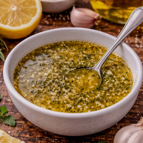 Greek ladolemono sauce in a small bowl with olive oil, lemon juice, garlic, and oregano, surrounded by fresh lemons and herbs on a wooden surface.