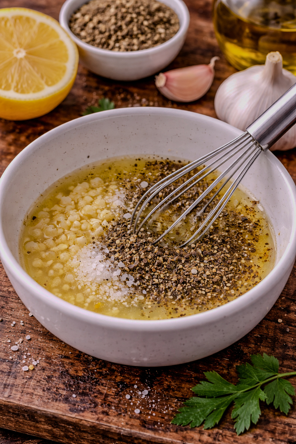 Lemon juice, garlic, oregano, salt, and pepper combined in a small bowl and whisked together to start a Greek ladolemono sauce.