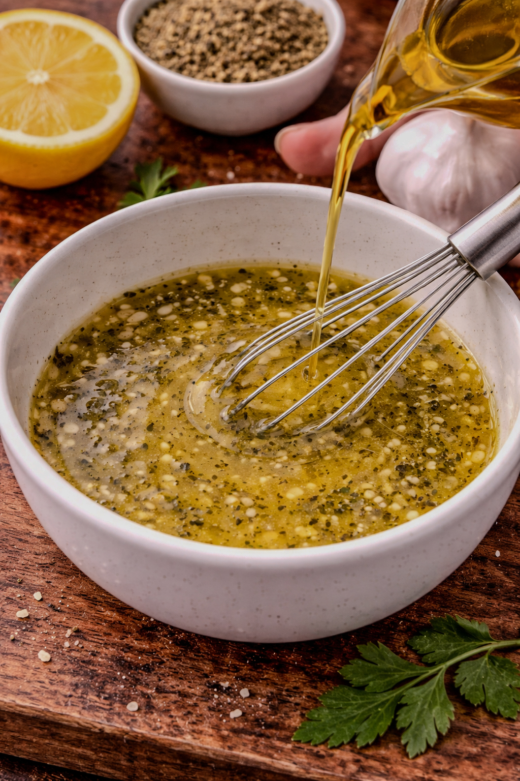 Olive oil being slowly whisked into a lemon and herb mixture in a bowl to create a smooth, emulsified ladolemono sauce.