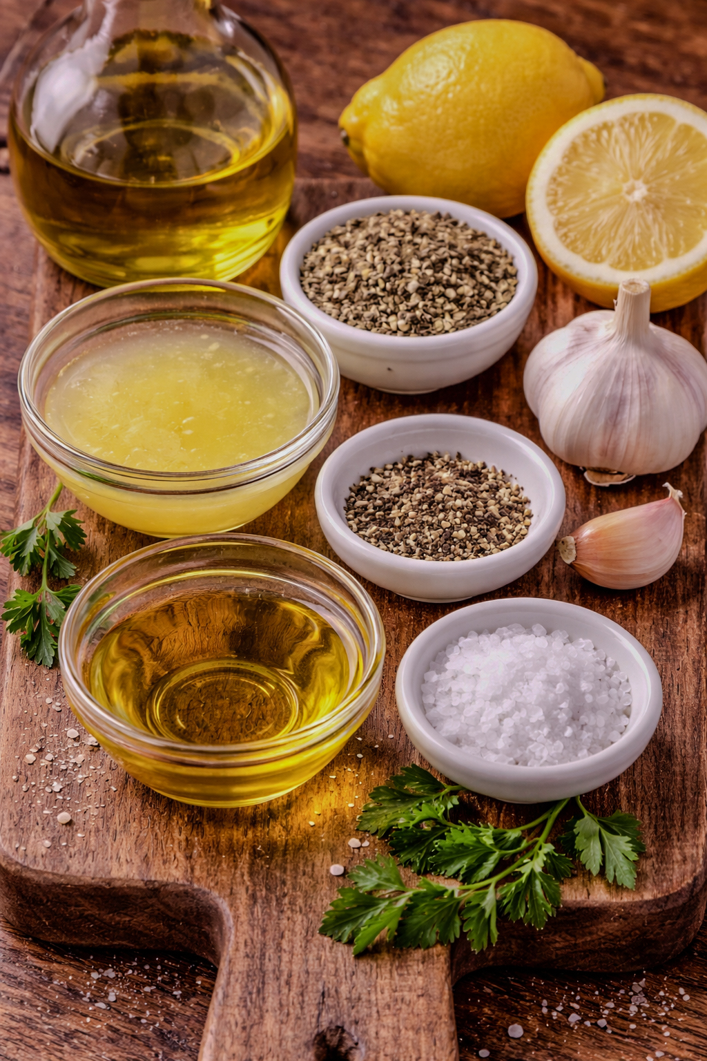 Ingredients for ladolemono arranged on a wooden cutting board, including olive oil, fresh lemon juice, garlic, oregano, salt, pepper, and fresh parsley.