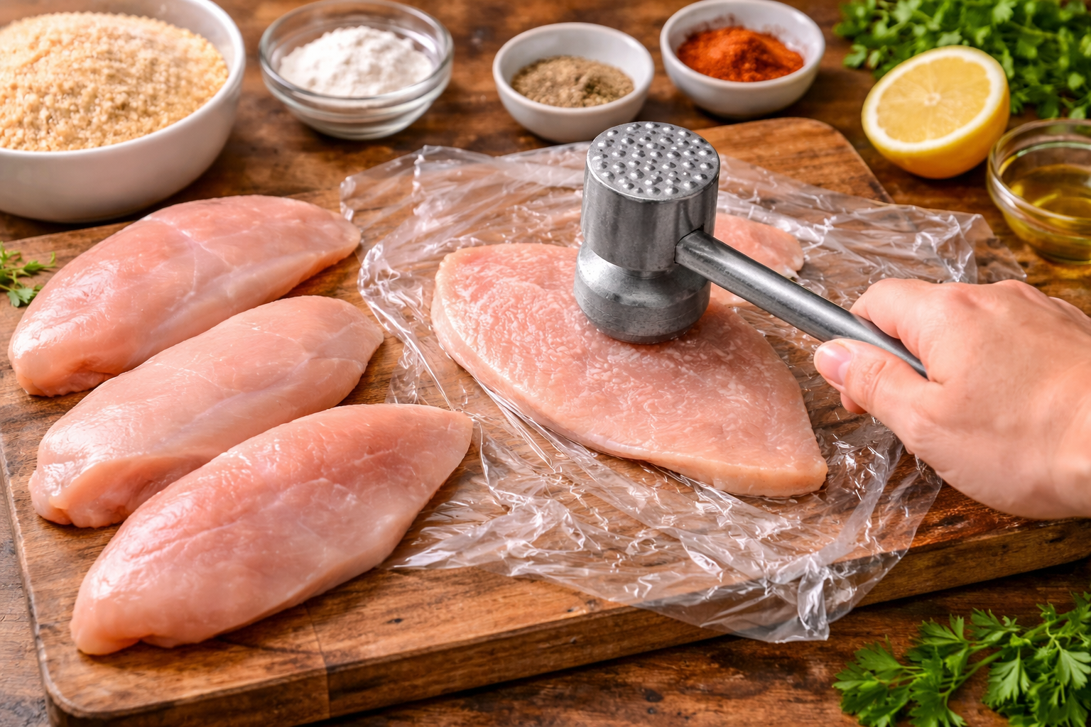 Raw chicken breast being pounded with a meat mallet on a cutting board to create thin cutlets for chicken schnitzel.