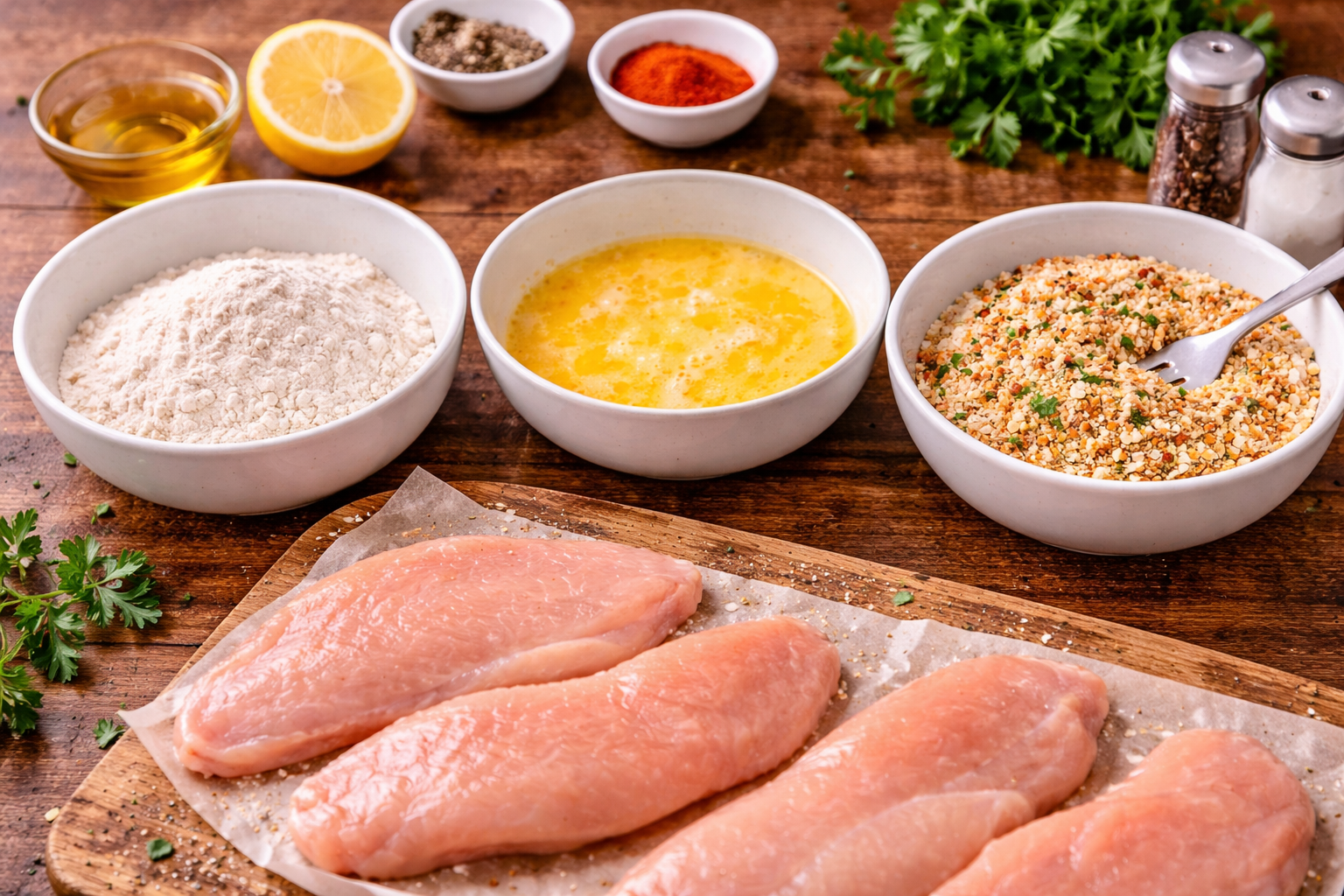 Three bowls arranged as a breading station with flour, beaten eggs, and seasoned breadcrumbs next to raw chicken cutlets on a wooden countertop.