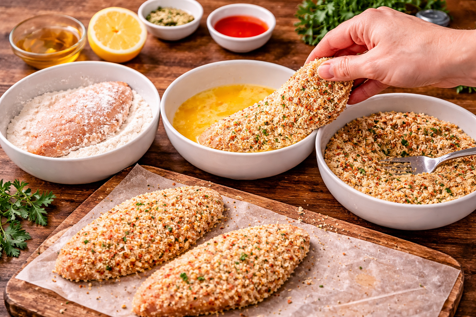 Chicken cutlet being coated in seasoned breadcrumbs at a breading station with bowls of flour, beaten eggs, and breadcrumbs on a wooden countertop.