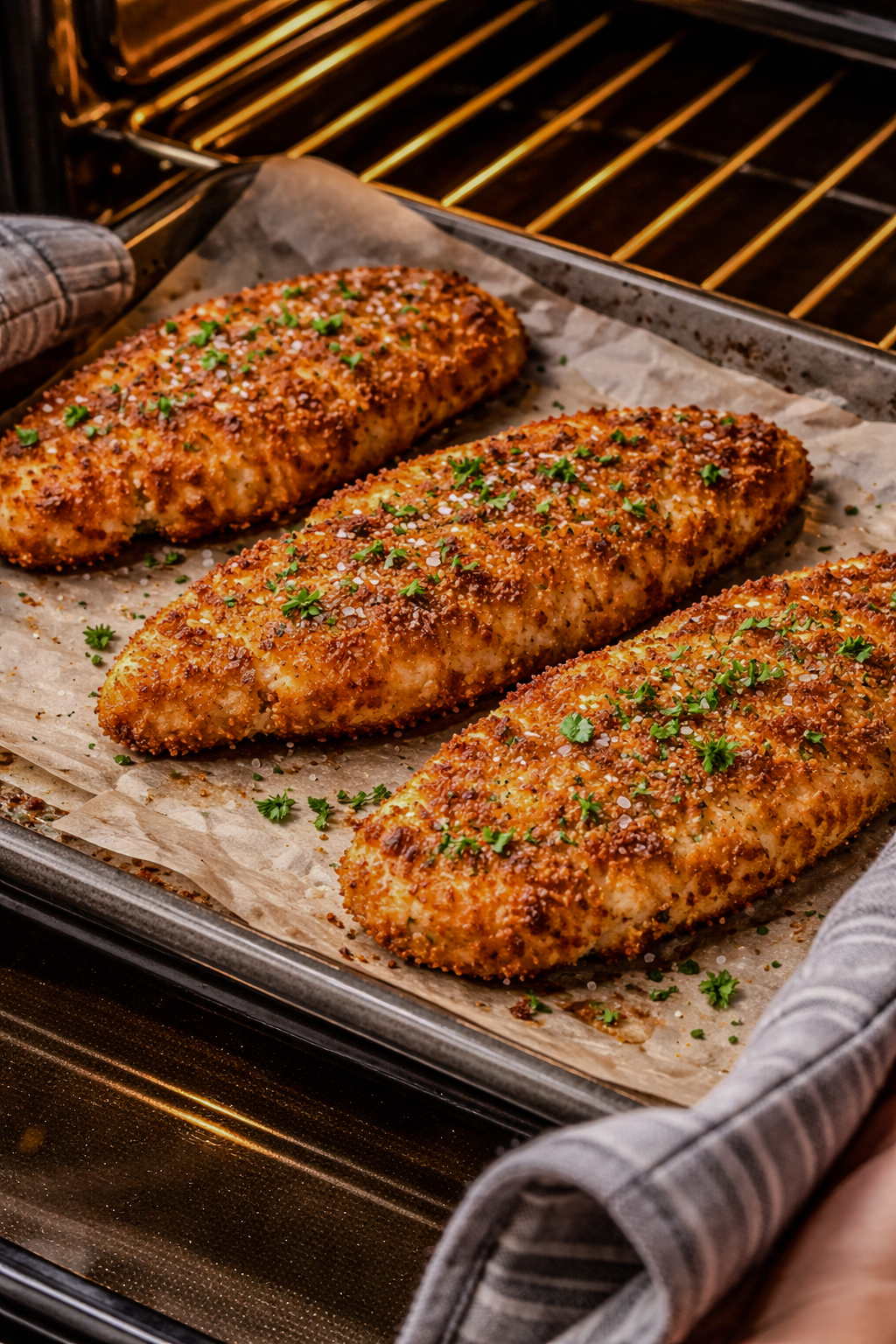 Golden breaded chicken schnitzel on a parchment-lined sheet pan being pulled from the oven with a kitchen towel, the crispy coating browned and garnished with parsley.