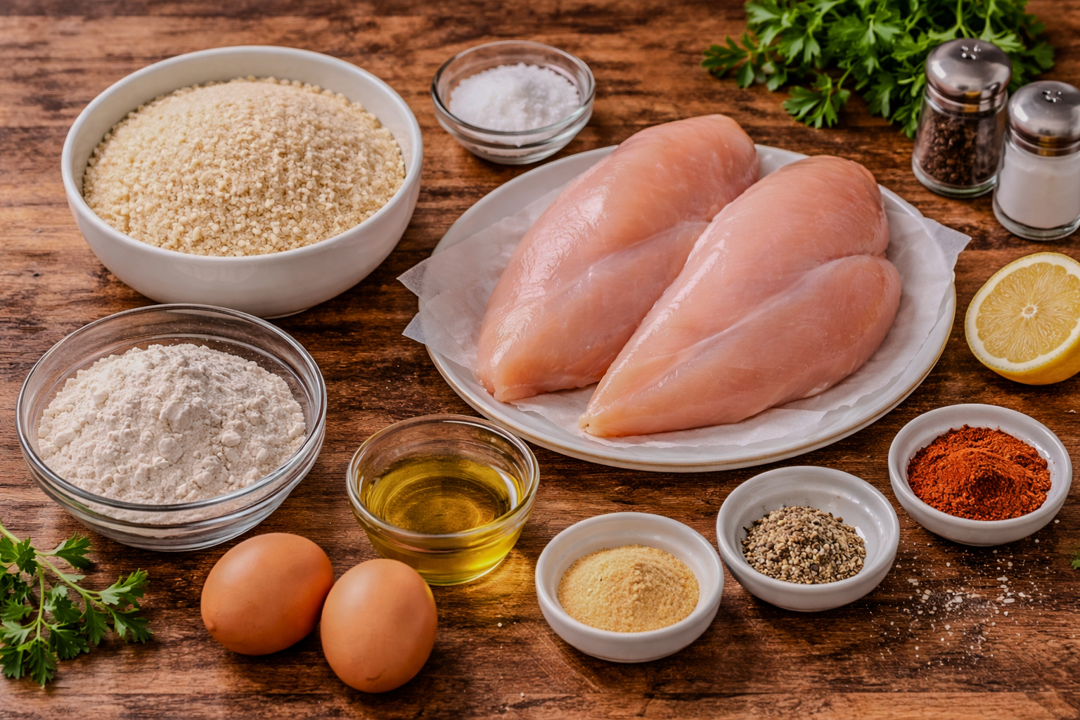 Chicken schnitzel ingredients arranged on a kitchen counter including raw chicken breasts, panko breadcrumbs, flour, eggs, olive oil, paprika, garlic powder, salt, pepper, lemon, and fresh parsley.