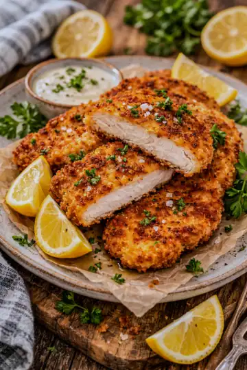 Golden, crispy chicken schnitzel sliced into strips and served on a plate with lemon wedges and a creamy dipping sauce, with fresh parsley and cooking ingredients in the background.