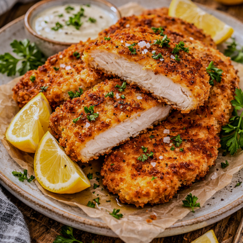Golden, crispy chicken schnitzel sliced into strips and served on a plate with lemon wedges and a creamy dipping sauce, with fresh parsley and cooking ingredients in the background.