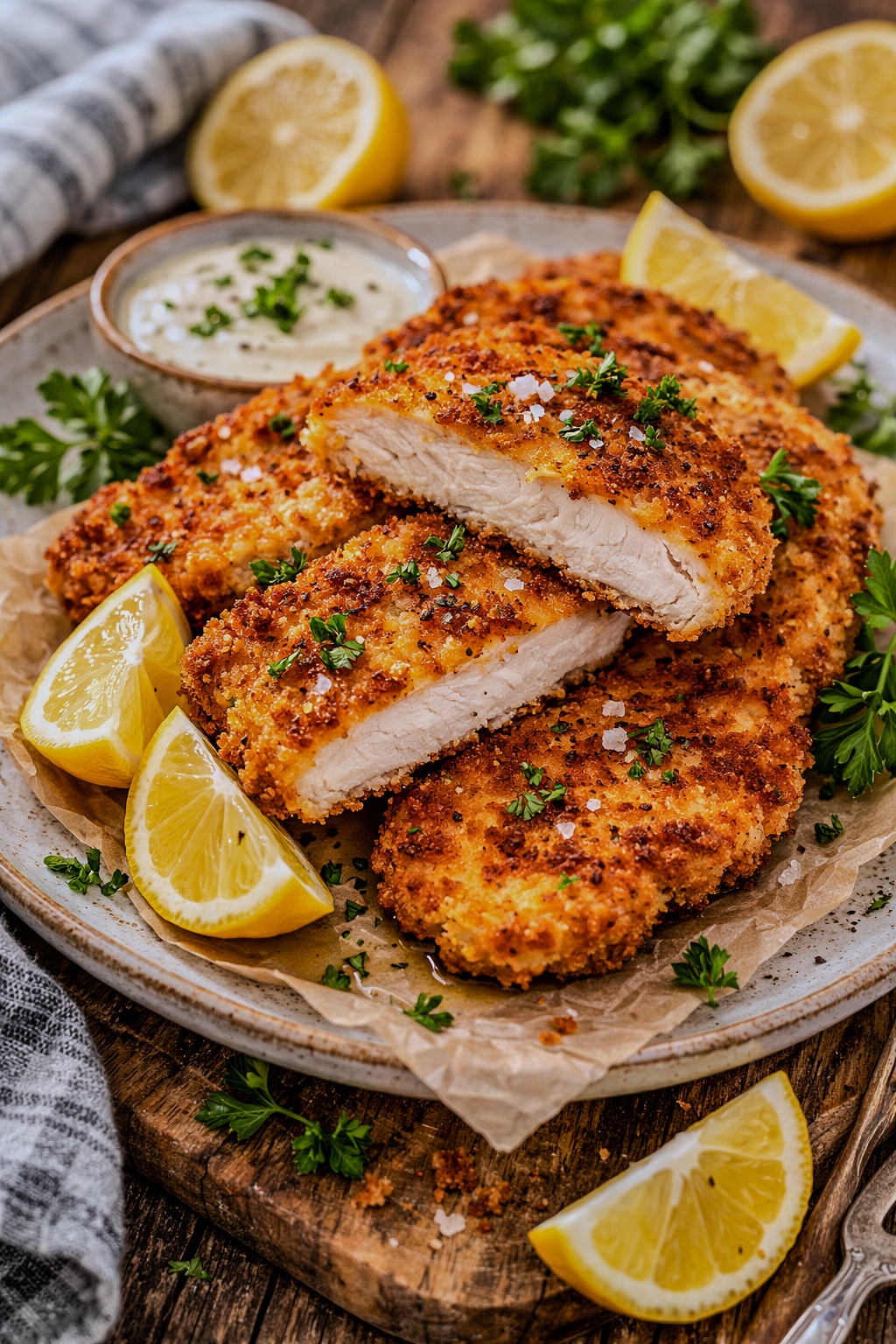 Golden, crispy chicken schnitzel sliced into strips and served on a plate with lemon wedges and a creamy dipping sauce, with fresh parsley and cooking ingredients in the background.
