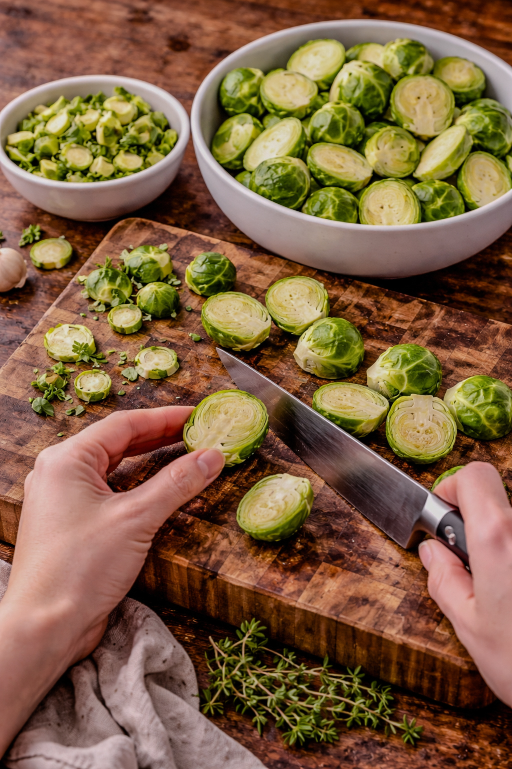 Hands trimming and halving fresh Brussels sprouts on a wooden cutting board with a chef's knife, with cut sprouts and scraps nearby.