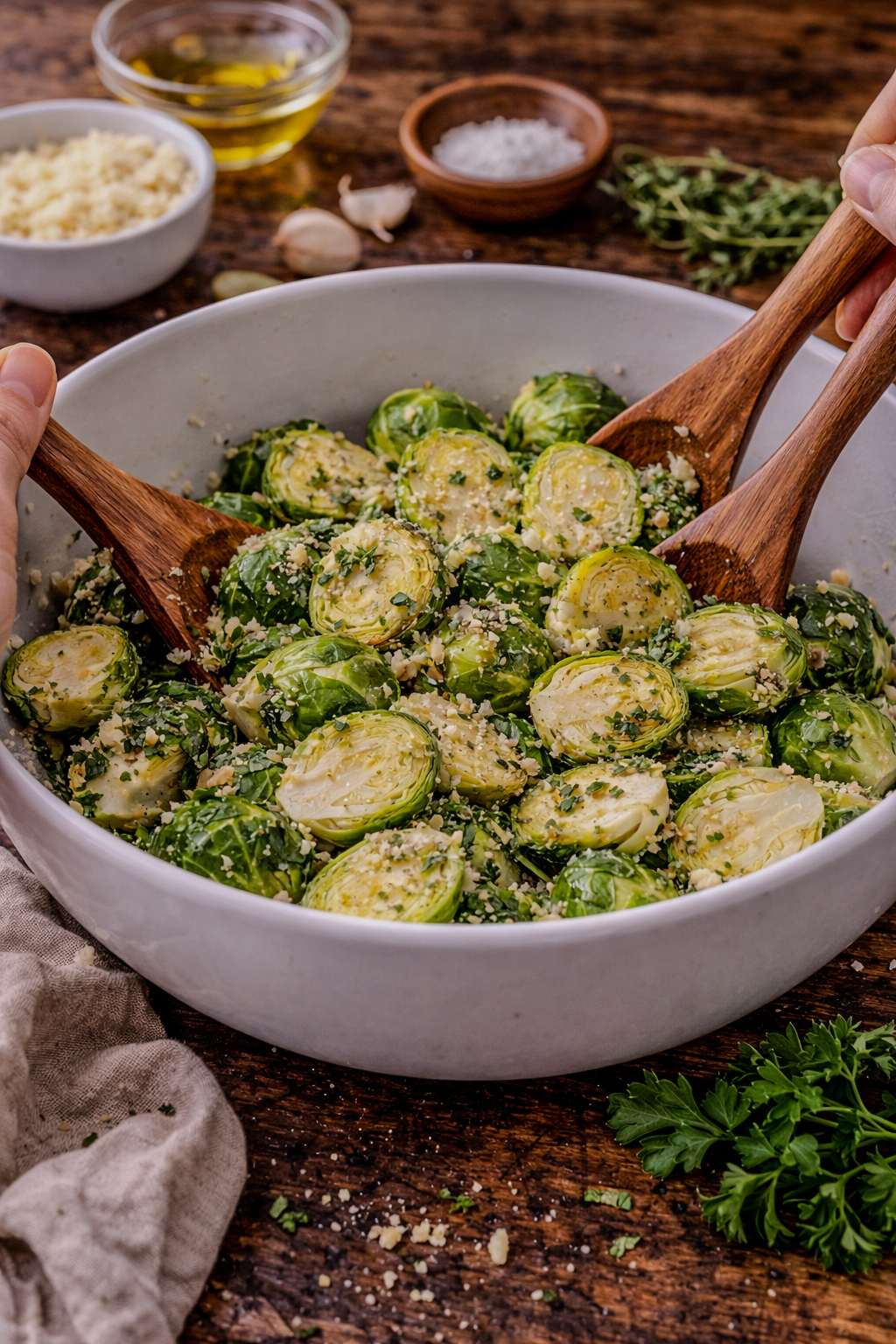 Halved Brussels sprouts being tossed in a bowl with oil, garlic, cheese, and herbs to evenly coat before roasting.