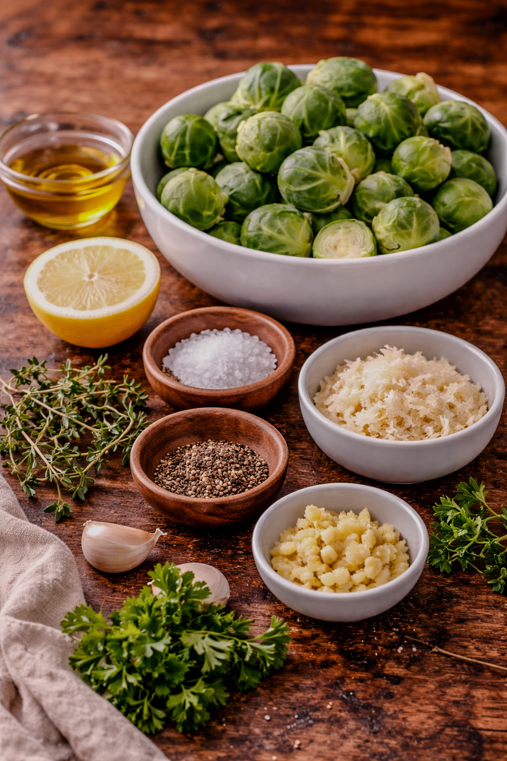 Fresh Brussels sprouts and ingredients arranged on a wooden counter, including olive oil, lemon, garlic, grated cheese, herbs, salt, and pepper in small bowls.