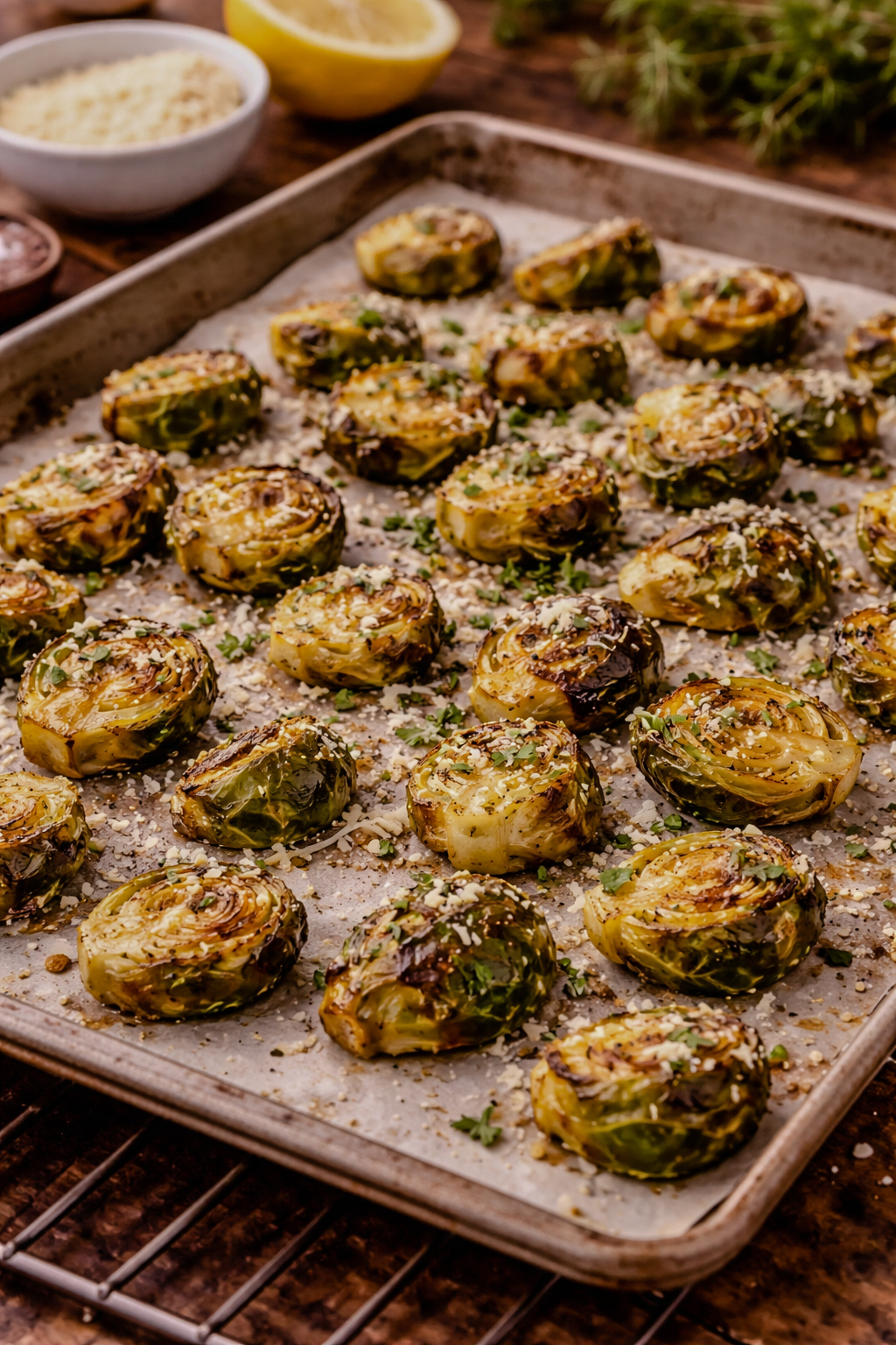 Roasted Brussels sprouts arranged cut-side down on a parchment-lined sheet pan, caramelized and crispy with seasoning and herbs.