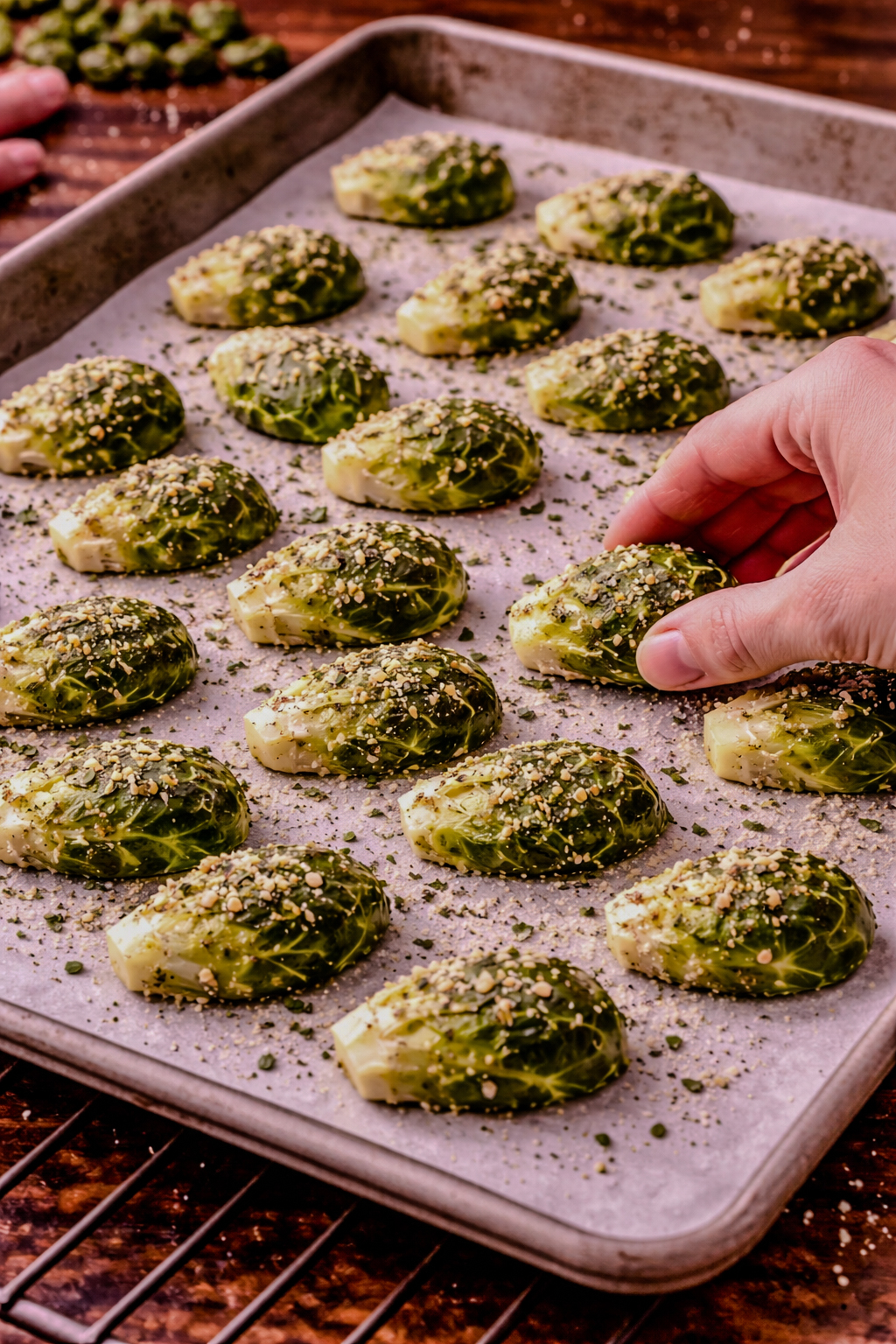 Halved Brussels sprouts spread loosely and unevenly on a parchment-lined sheet pan, cut-side down with seasoning scattered across the surface.
