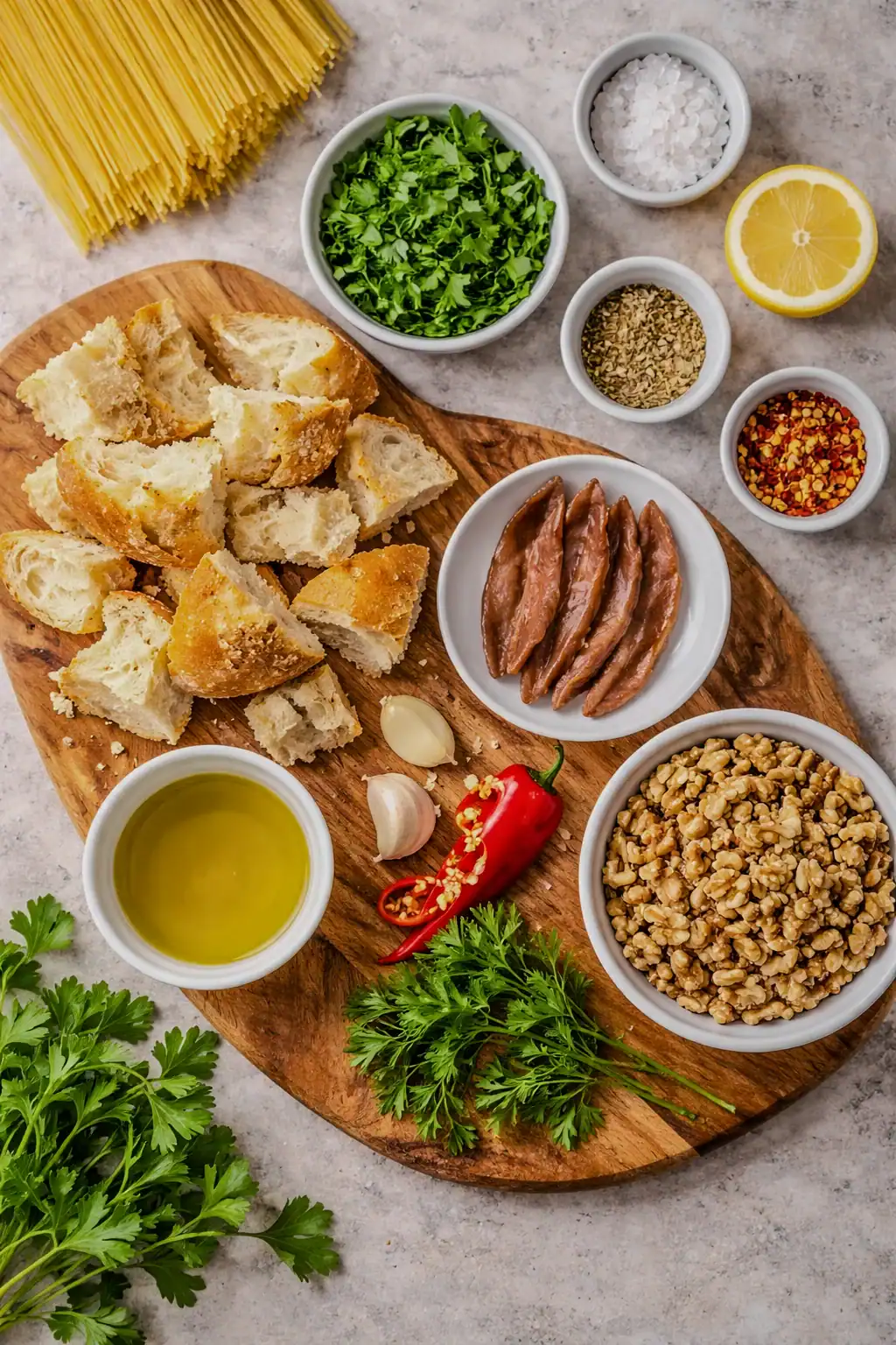 Ingredients for Calabrian walnut breadcrumb pasta arranged on a cutting board, including bread, walnuts, anchovies, garlic, chili, parsley, olive oil, and dry pasta.