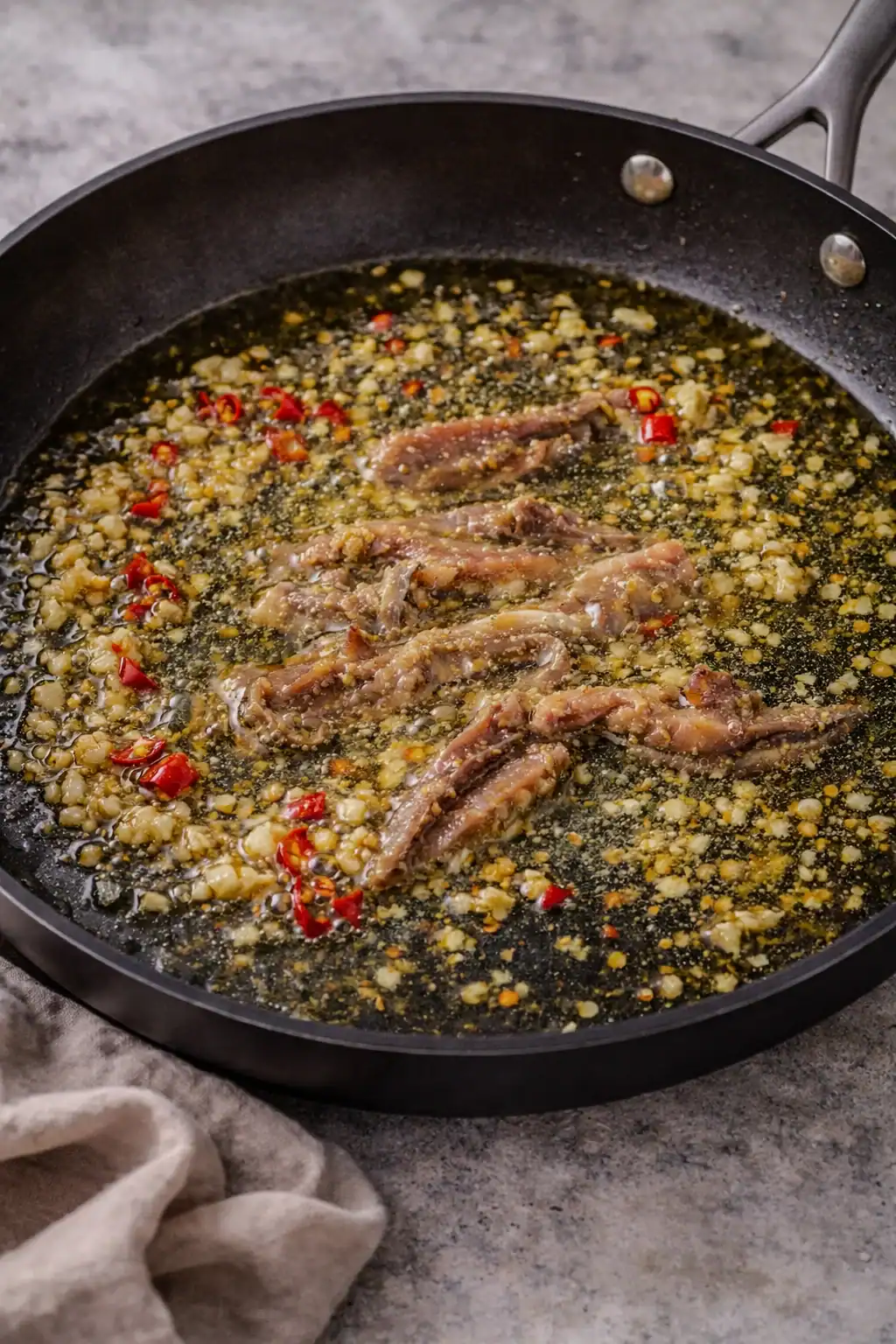 Anchovies, garlic, and chopped chili cooking in olive oil in a skillet as the anchovies begin to dissolve into the oil.