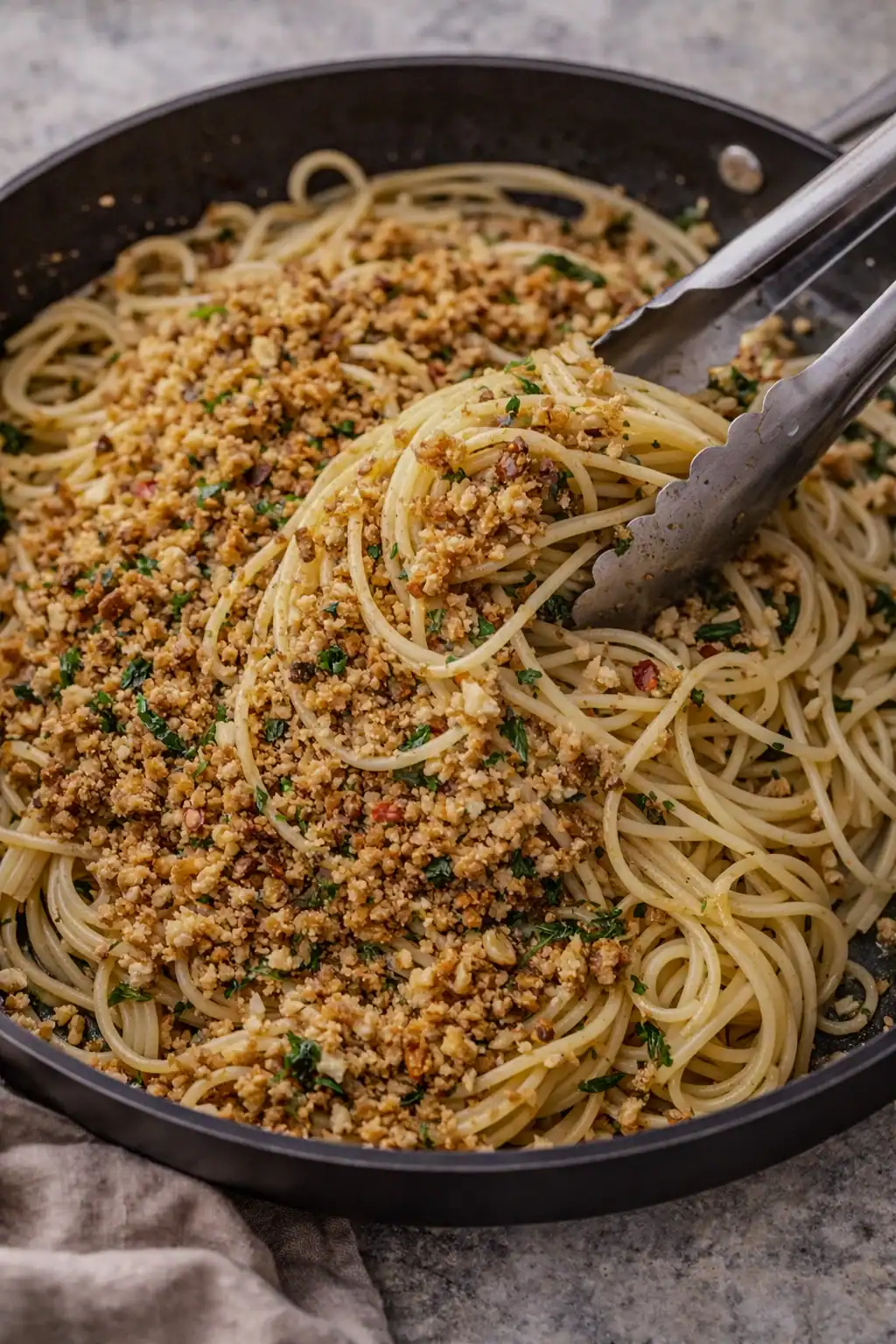 Spaghetti being tossed in a pan with anchovy oil and topped with walnut breadcrumb mixture using tongs.